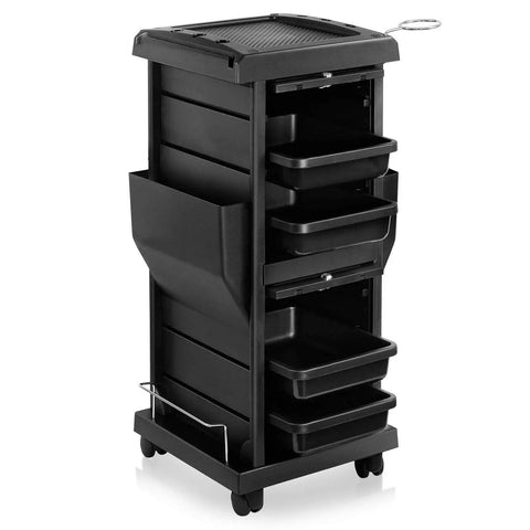 Premium Locking Rolling Trolley Cart With Pockets, Four Interchangeable Slide Out Drawers, Durable ABS Construction, Black