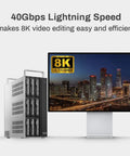 Thunderbolt Three Workhorse Eight Bay Hardware Raid Enclosure with 40Gbps speed for 8K video editing setup.
