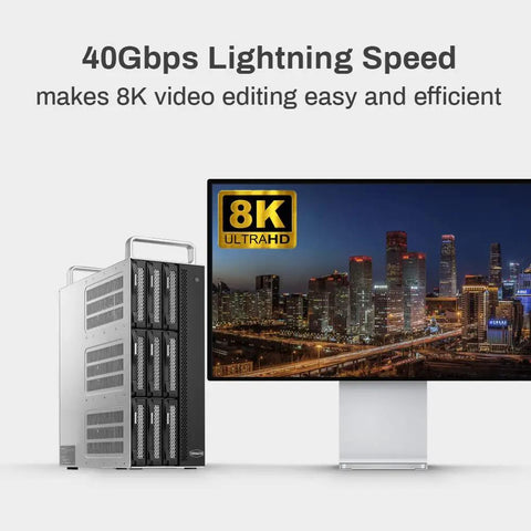 Thunderbolt Three Workhorse Eight Bay Hardware Raid Enclosure with 40Gbps speed for 8K video editing setup.