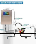 Installation diagram for Top Tier Alkaline Water Ionizer Machine With Eight Titanium Plates showing water flow connections.