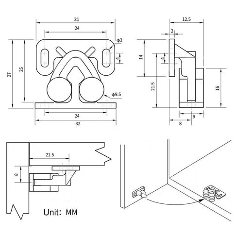 Technical schematic of Double Roller Closet Door Catch For RVs Boats And Motorhomes Compact POM Door Latch, dimensions in mm.