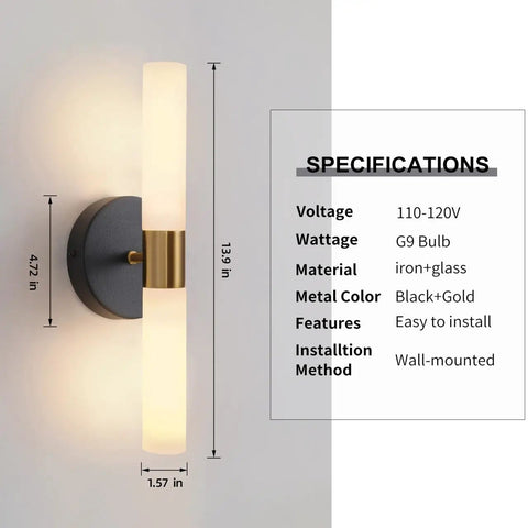 Black And Brass Wall Sconces Set Of Two With Frosted Glass Shades For Living Room Indoor Wall Lights Decor Dope Modern Home Lighting That Is Durable Scratch And Tarnish Resistant Easy Mount Wall Lamps, dimensions and specifications visible.