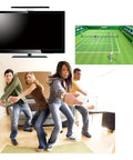Family playing Wii tennis game with 3 In 1 Wii AC Power Adapter And Composite Audio Video Cable Set, TV with gameplay screen.