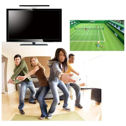Family playing Wii tennis game with 3 In 1 Wii AC Power Adapter And Composite Audio Video Cable Set, TV with gameplay screen.