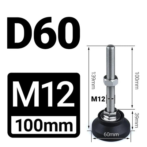 Adjustable Lathe Leg Set 60mm Diameter Threaded Leveling Feet with M12 thread and swivel base, four-pack for stable setup