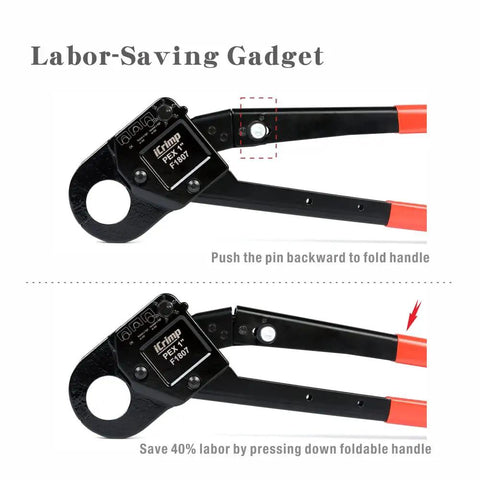 Angled Head PEX Crimp Tool For 1 Inch Copper Crimp Rings With Go No Go Gauge Compatible With ASTM F1807 folding handle feature