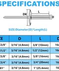 Specifications chart for Killer Hold Large Flange Aluminum Pop Rivets 3 16 X 5 8 Inch Diameter with dimensions and sizes.