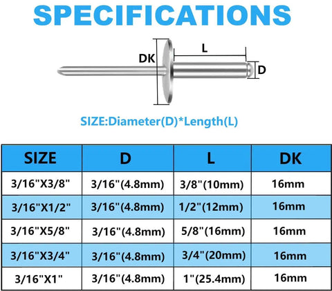 Specifications chart for Killer Hold Large Flange Aluminum Pop Rivets 3 16 X 5 8 Inch Diameter with dimensions and sizes.