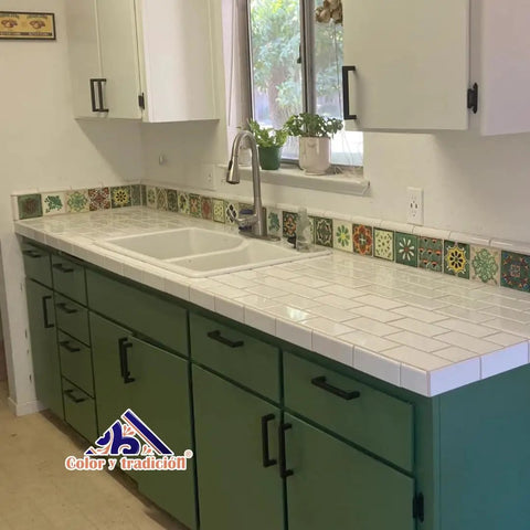 Kitchen with 100 Handpainted Mexican Talavera Tiles 4x4 Green Designs for Backsplash Dope Kitchen Decor Set of 100 Ceramic Tiles