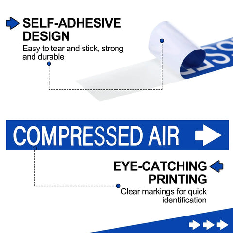 Economy 1 Roll Pipe Markers For Compressed Air Lines, 1 Inch High By 8 Inch Wide, Self Adhesive White And Blue Labels, Easy Peel And Apply, Durable Plastic Film Identification For Piping Systems, compressed air label roll