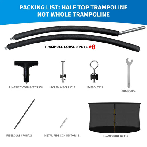 Kick Your Backyard Fun Up A Notch With This Knockout Replacement Kit Featuring Eight Curved Trampoline Poles And Hella Tough Safety Enclosure Net For Rock Solid Storm Defense, includes curved poles, safety net, and connectors.