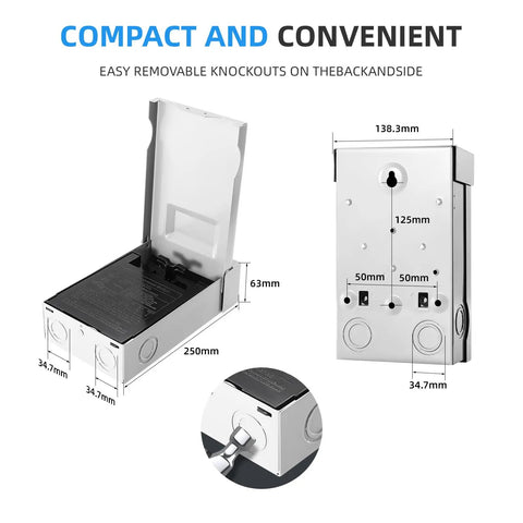 Heavy Duty Outdoor AC Disconnect Switch 30 Amp Pull Out Breaker For 120 240VAC Systems With UL Listing, showing removable knockout design.