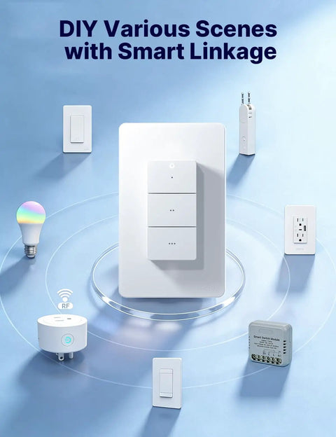 ZigBee Smart Scene Switch With 3 Button Remote Controller for Smart Home surrounded by smart devices and light bulb