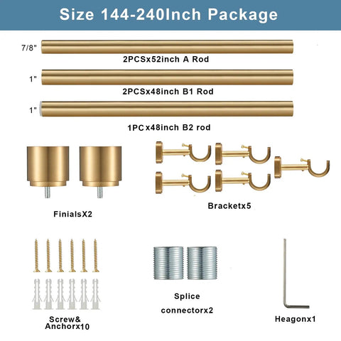 One And One Eighth Inch Curtain Rods Telescoping From 144 To 240 Inches With Heavy Duty Iron Rod Reinforced Aluminum Brackets
