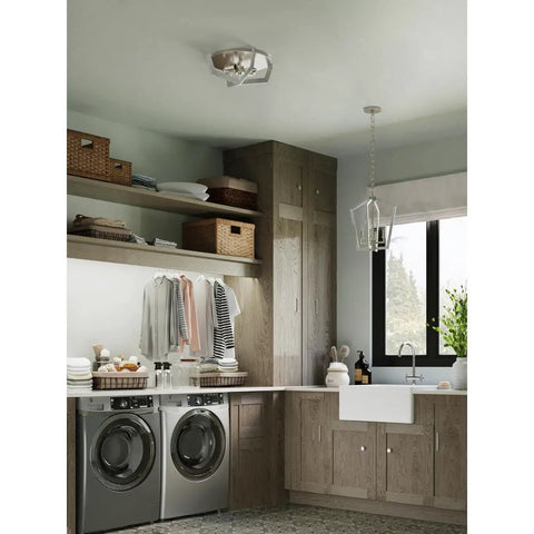 Laundry room with 2 Light Modern Farmhouse Flush Mount Ceiling Light in Brushed Nickel With Grey Washed Oak Accents visible