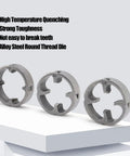 Alloy steel round thread dies in half inch, three quarters, and one inch sizes for Heavy Duty 6 Piece Alloy Steel Pipe Threader Tool Set For Pvc And Metal Conduit Includes Half Inch Three Quarters And One Inch Dies With Tap Die Chasers For Manual Electric Drill Plumbing Jobs.