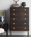 Solid Brass Cabinet Knobs And Pulls Set, 1-1/10 Inch Hexagon Handles on dark wood dresser, brushed brass finish