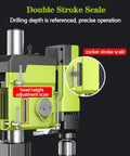 Close-up of the Piefeak 880W Bench Drill Press Machine features, showing the double stroke scale and head height adjustment.