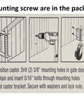 Installation instructions for Heavy Duty Spring Loaded Gate Caster Wheel For Wood Fence Badass 5 Inch Rubber Tire with tools.