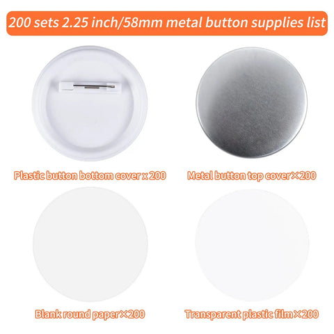Premium Top Tier 200 Piece 2 Inch 58 Mm Button Maker Supplies And Pin Back Crafting Kits with metal tops and plastic backs.