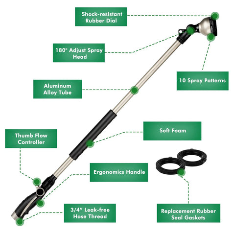 RESTMO 36-inch metal watering wand in angled view with 180° swivel head and 10 spray patterns.
