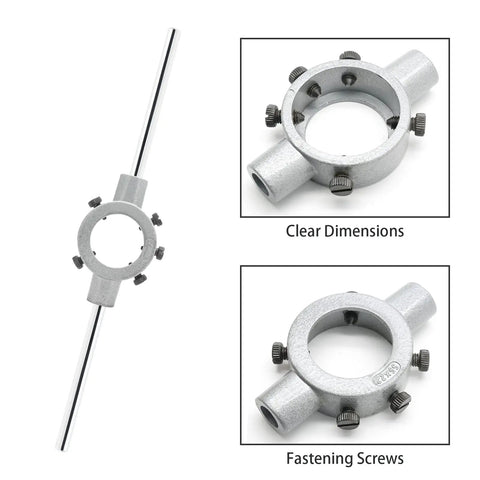 Round Die Stock Handle Wrench for Threading, Adjustable Die Wrench Holder, chrome plated, shown with fastening screws and dimensions