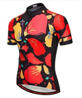Colorful floral patterned cycling jersey with short sleeves and zippered front, featuring black, red, yellow, and blue abstract designs.