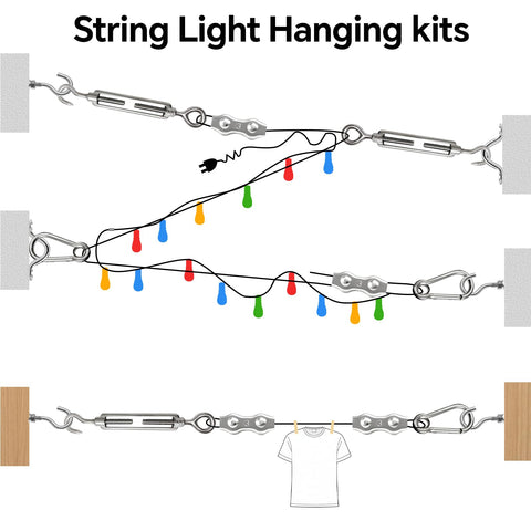 Backyard String Light Hanging Kit With 300 Feet Nylon Coated Stainless Steel Wire Rope Cable And Full Accessories shown in use