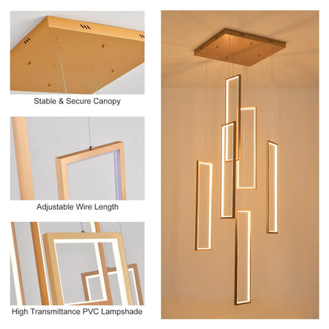 Modern geometric LED pendant light with adjustable wires, showing stable canopy and PVC lampshade.