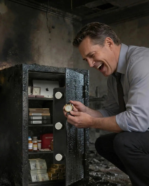 Man smiling while holding watch in front of open 60 Minute Fireproof Safe For Home And Office That Keeps Your Stuff Safe