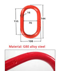 Heavy Duty G80 Alloy Steel Master Link Chain Lifting Ring 3.0T 6610 Lbs Capacity with dimensions and material details