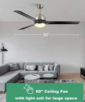 Ceiling Fan With Lights In Brushed Nickel Three Blades 60 Inch Dimmable LED Light 3000K UL Listed Indoor Ceiling Fan in living room