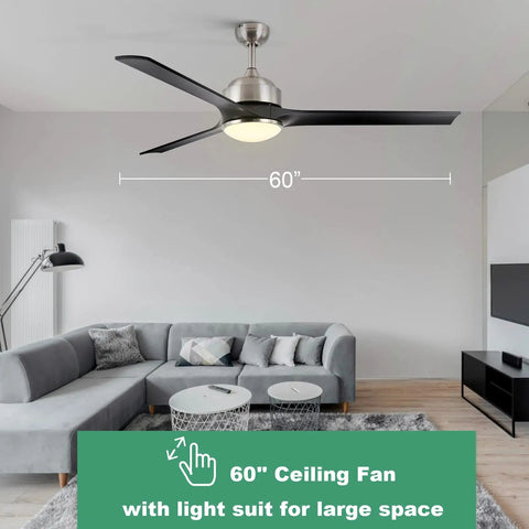 Ceiling Fan With Lights In Brushed Nickel Three Blades 60 Inch Dimmable LED Light 3000K UL Listed Indoor Ceiling Fan in living room