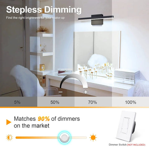 Sleek Black Vanity Light Over Mirror, 15.7 Inch, 12W Dimmable LED Fixture with 5 CCTs above a dressing table with white decor