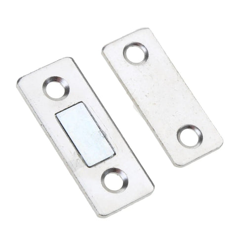 Ultra Thin Magnetic Cabinet Catches With Invisible Door Stops, silver rectangular metal pieces with screw holes.