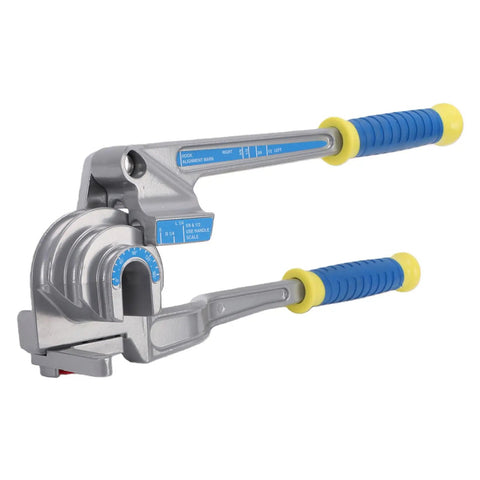 Pocreations 180 Degree Manual Pipe Bender Tool 3 In 1 Lever Tube Bender for 1/4 3/8 1/2 Inch OD Copper Aluminum Pipes, gray with blue and yellow handles.