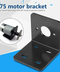 Front view of black L-shaped DC motor mounting bracket with slotted base and large circular hole; motor shown beside.