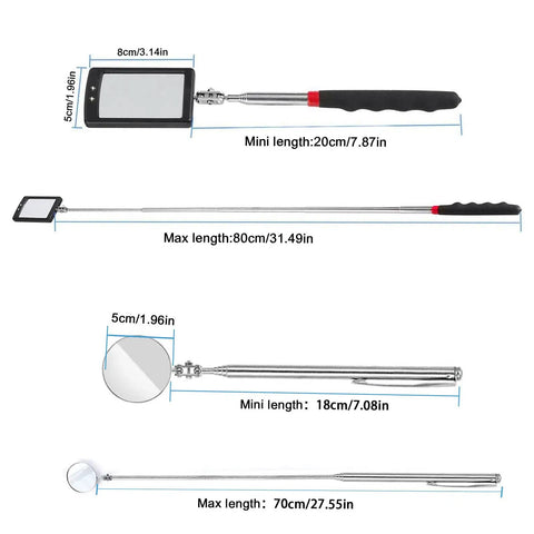 Telescoping Magnetic Pickup Tool Set With LED Light Flexible Bendable Magnetic Rod And 360 Degree Swivel Inspection Mirrors dimensions
