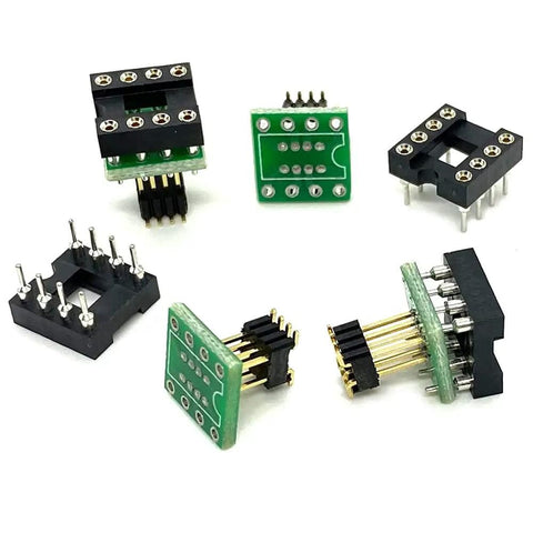 DIP8 To SOP8 Adapter For SMT SOIC8 Socket 8 Pin Converter PCB 1.27mm To 2.54mm Pitch, showing green circuit boards and black sockets