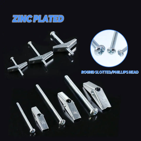 Beefy Heavy Duty Toggle Bolt And Wing Nut Kit 24 Piece Set With One Eighth Inch Three Sixteenth Inch And One Quarter Inch Sizes Zinc Plated Steel Round Head Fasteners For Hanging Heavy Stuff On Drywall, zinc-plated bolts shown