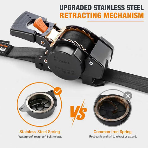 Heavy Duty Self Retracting Tie Down Straps 4 Pack No Drama Auto Retract System With Tangle Free Webbing mechanism comparison image.