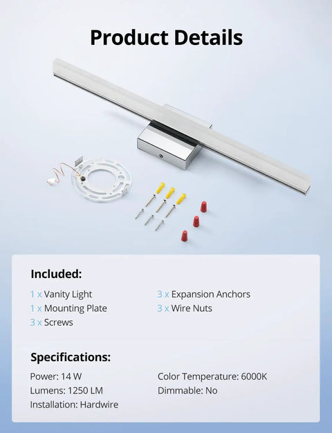 Included items for 24 Inch Vanity Light Bar Over Mirror LED Daylight 6000K Chrome Bathroom Fixture For Makeup And Grooming