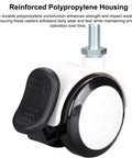 Close-up of Premium 2 Inch Twin Wheel Caster with M10 Threaded Stem and Sure Grip Brake, featuring black and white PVC tread.