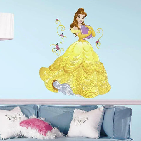 Sparkling Belle Princess Giant Wall Decals Removable Peel And Stick Room Decor For Parties And Bedrooms Transfers From Party To Year Round Use Easy Room Makeover showing Belle in a yellow gown
