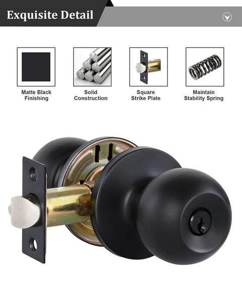 Exquisite detail of Matte Black Door Knobs With Lock And Keys For Interior Exterior Entry Doors ANSI Grade 3 Built To Last