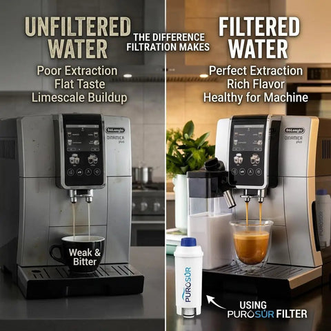Comparison of espresso machine with and without Pack Of 2 Water Filters For Automatic Espresso Machines DeLonghi ECAM ETAM EC680 ESAM Series Prima Donna