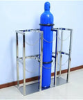 Rock Solid Heavy Duty Propane Tank Cart Rack For 8 To 10 Liter Cylinders with blue gas cylinder secured in stainless steel frame.