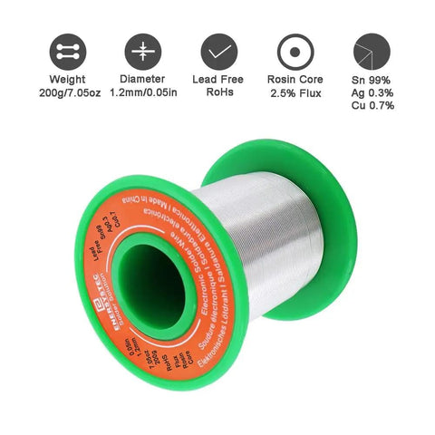 Unleaded Electronics Solder Wire 1.2mm 200g with Rosin Flux Core, Sn99 Ag0.3 Cu0.7 spool, green and red plastic reel