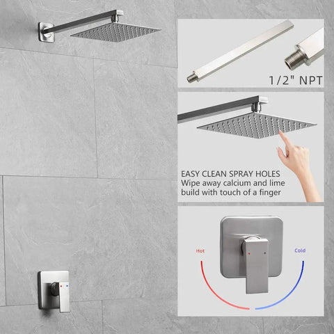 Brushed Nickel Shower System With 8 Inch Square Rain Shower Head, 14 Inch Extra Long Shower Arm, Rough-In Valve And Brass Trim Kit, All Metal Durable Shower Faucet Set For Bathroom Renovation