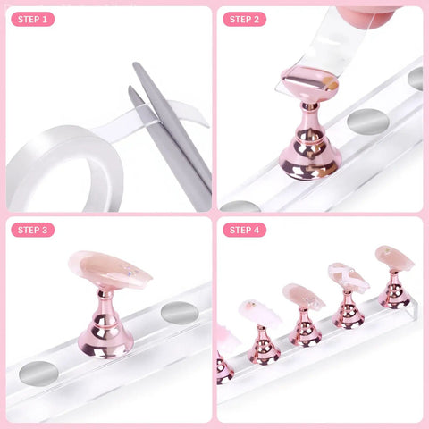 Two Sets Pink Nail Practice Stands With Magnetic Display Bases And Acrylic Nail Holders For Press Ons Includes Double Sided Tape For DIY Home Salon Tools Kit showing assembly steps